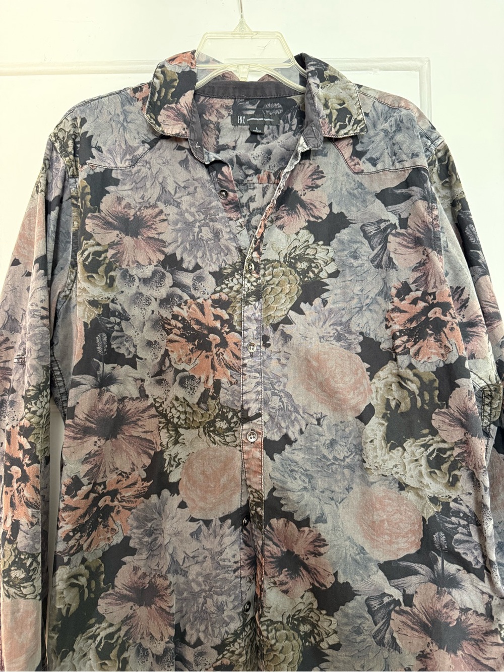 INC International Concepts Floral Print Button-Up in Dusty Pink and Charcoal